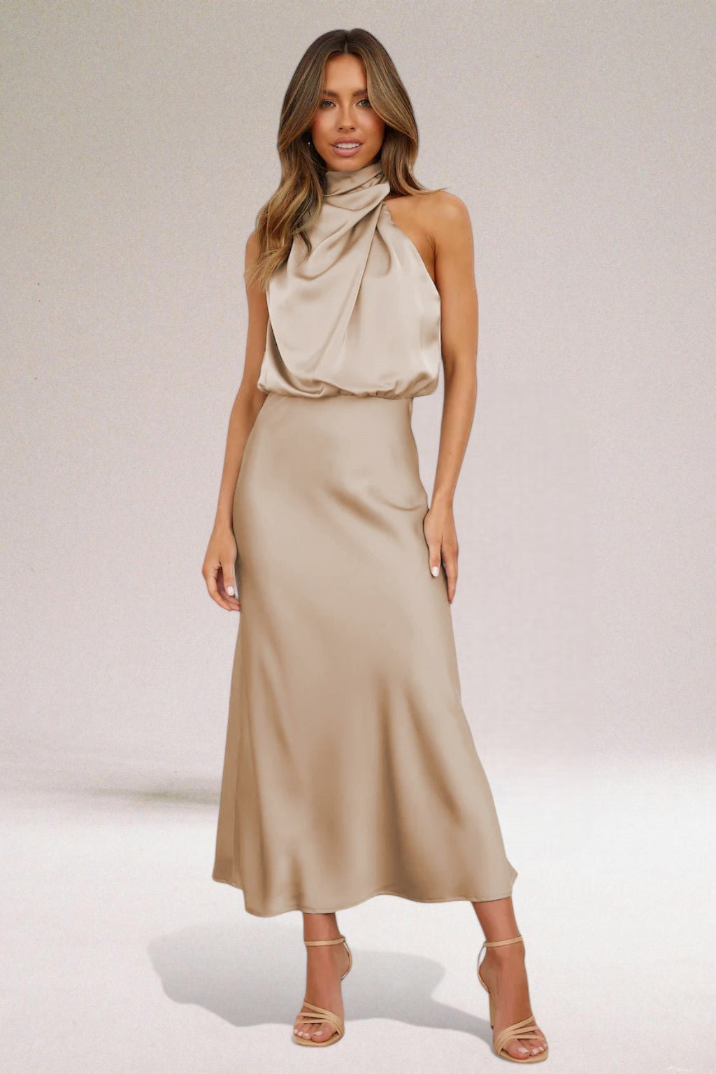 Damen Neckholder Satin Midikleid