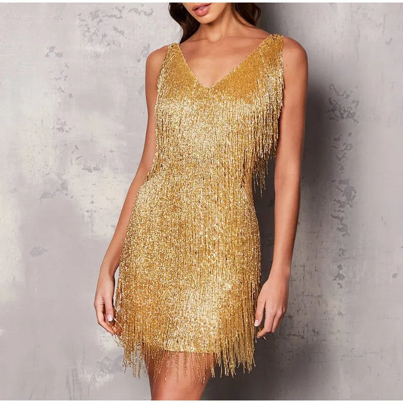 Damen Mini-Kleid Glamourös Mit Pailletten Und Federn
