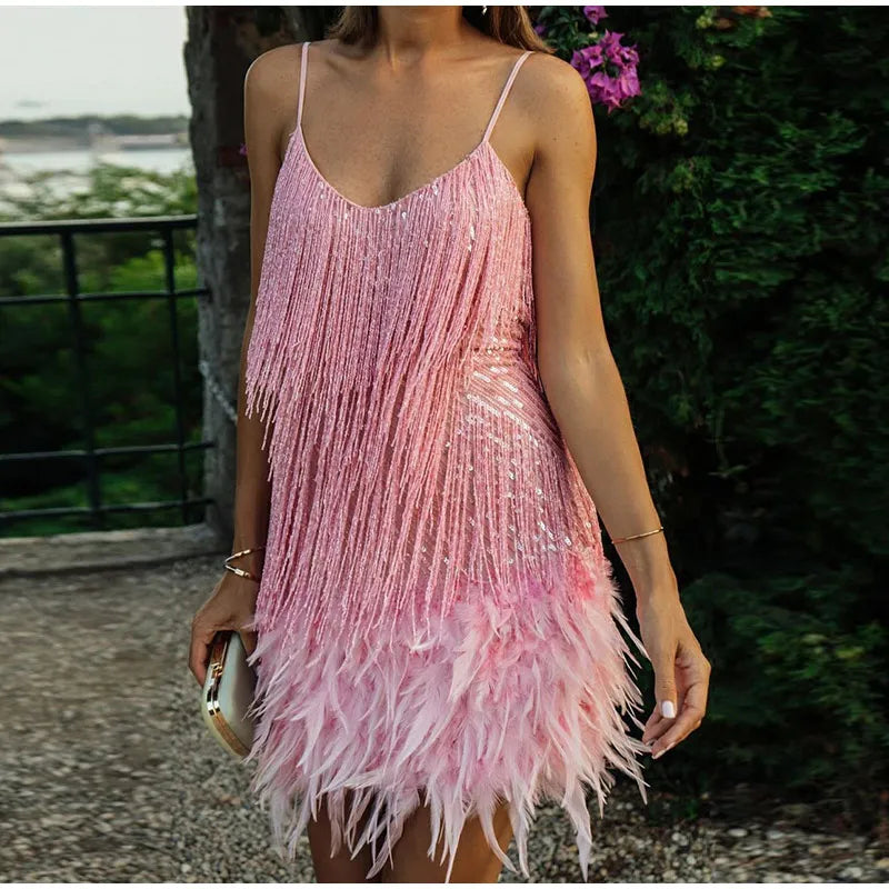 Damen Mini-Kleid Glamourös Mit Pailletten Und Federn