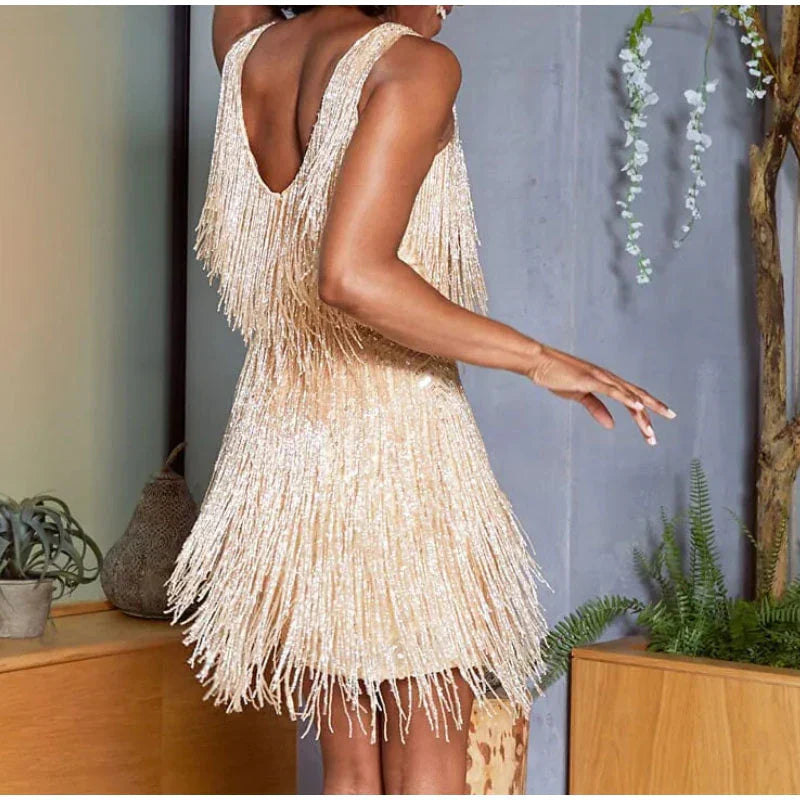 Damen Mini-Kleid Glamourös Mit Pailletten Und Federn