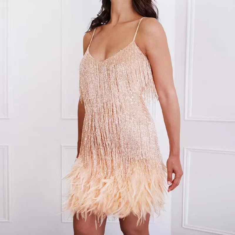 Damen Mini-Kleid Glamourös Mit Pailletten Und Federn