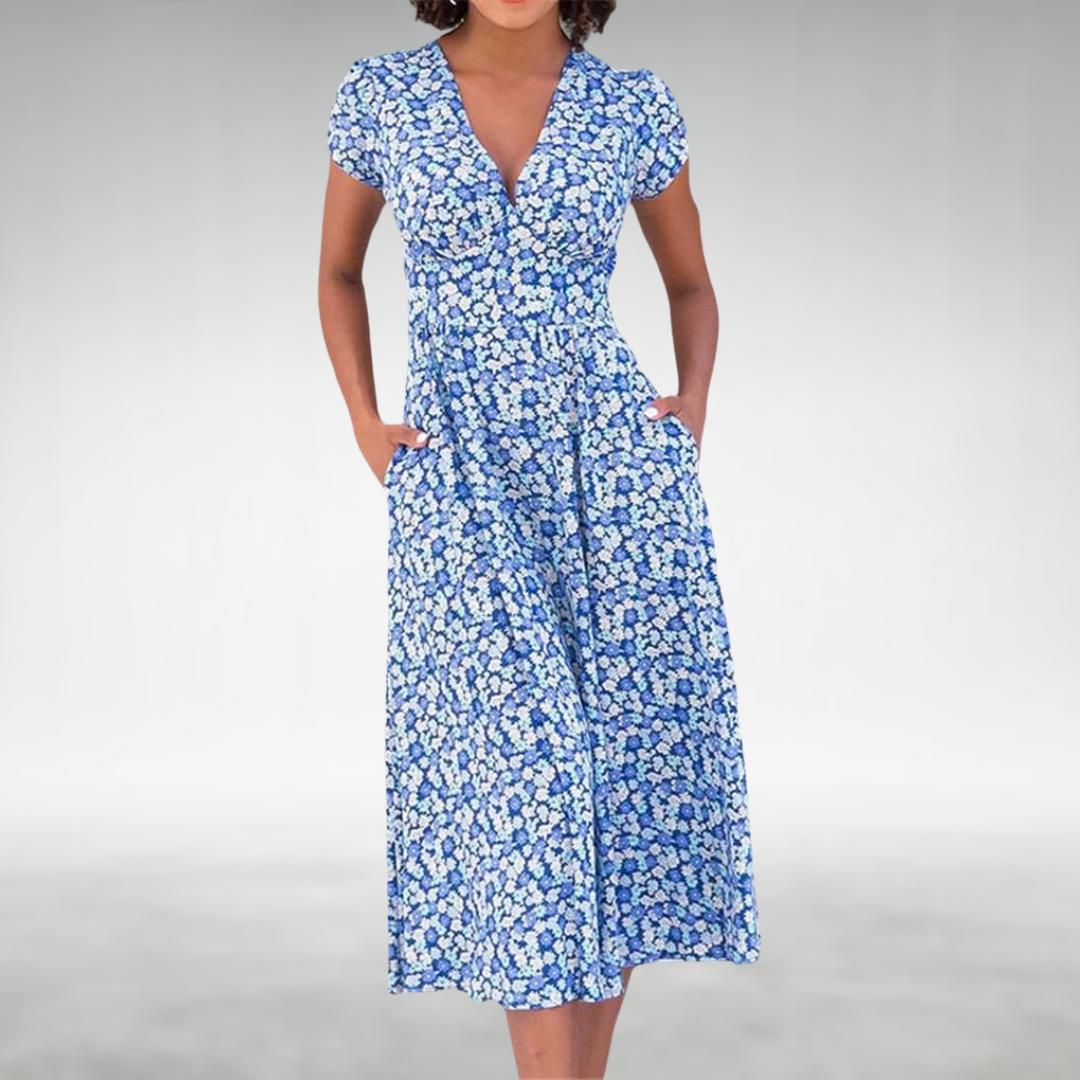 Damen Blumenmuster V-ausschnitt Midi Sommerkleid