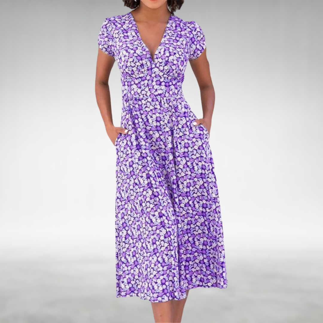 Damen Blumenmuster V-ausschnitt Midi Sommerkleid