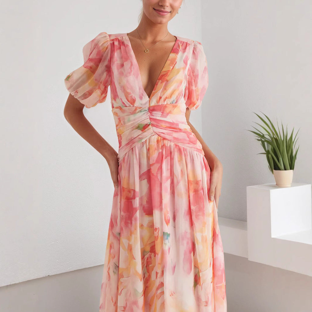 Damen Hochzeitsgast Wickel Maxikleid mit Puffärmeln