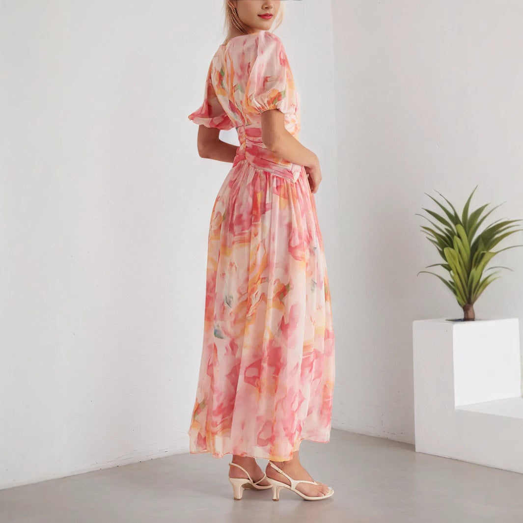 Damen Hochzeitsgast Wickel Maxikleid mit Puffärmeln