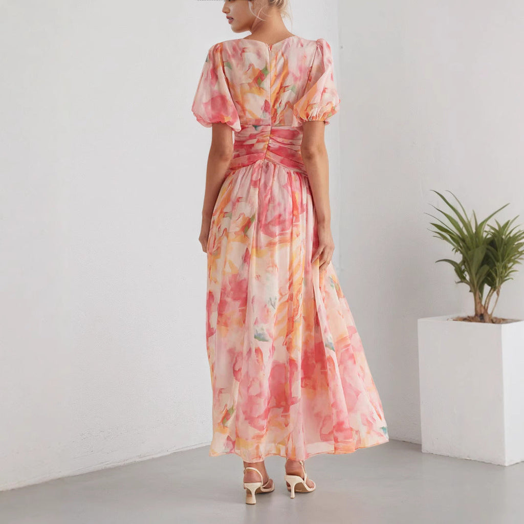 Damen Hochzeitsgast Wickel Maxikleid mit Puffärmeln