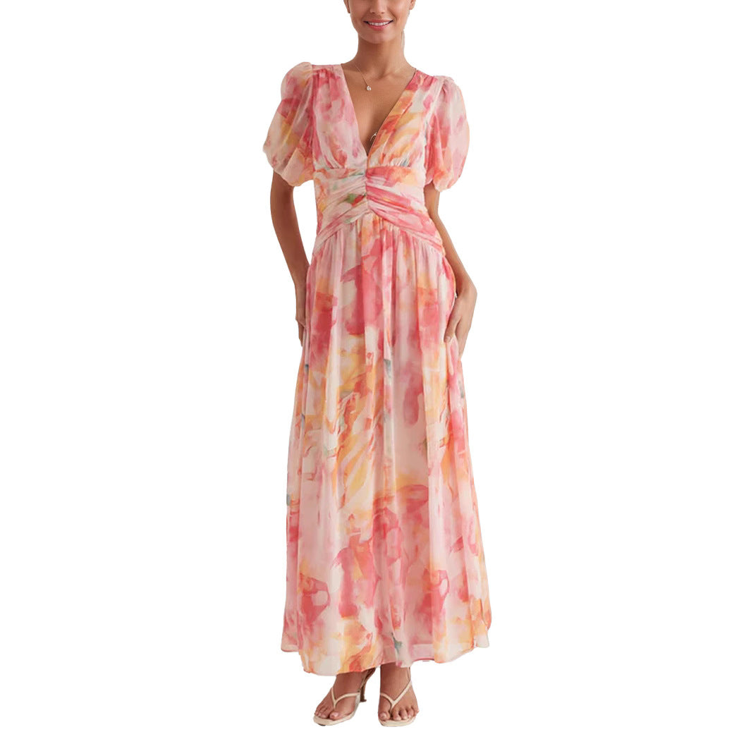 Damen Hochzeitsgast Wickel Maxikleid mit Puffärmeln