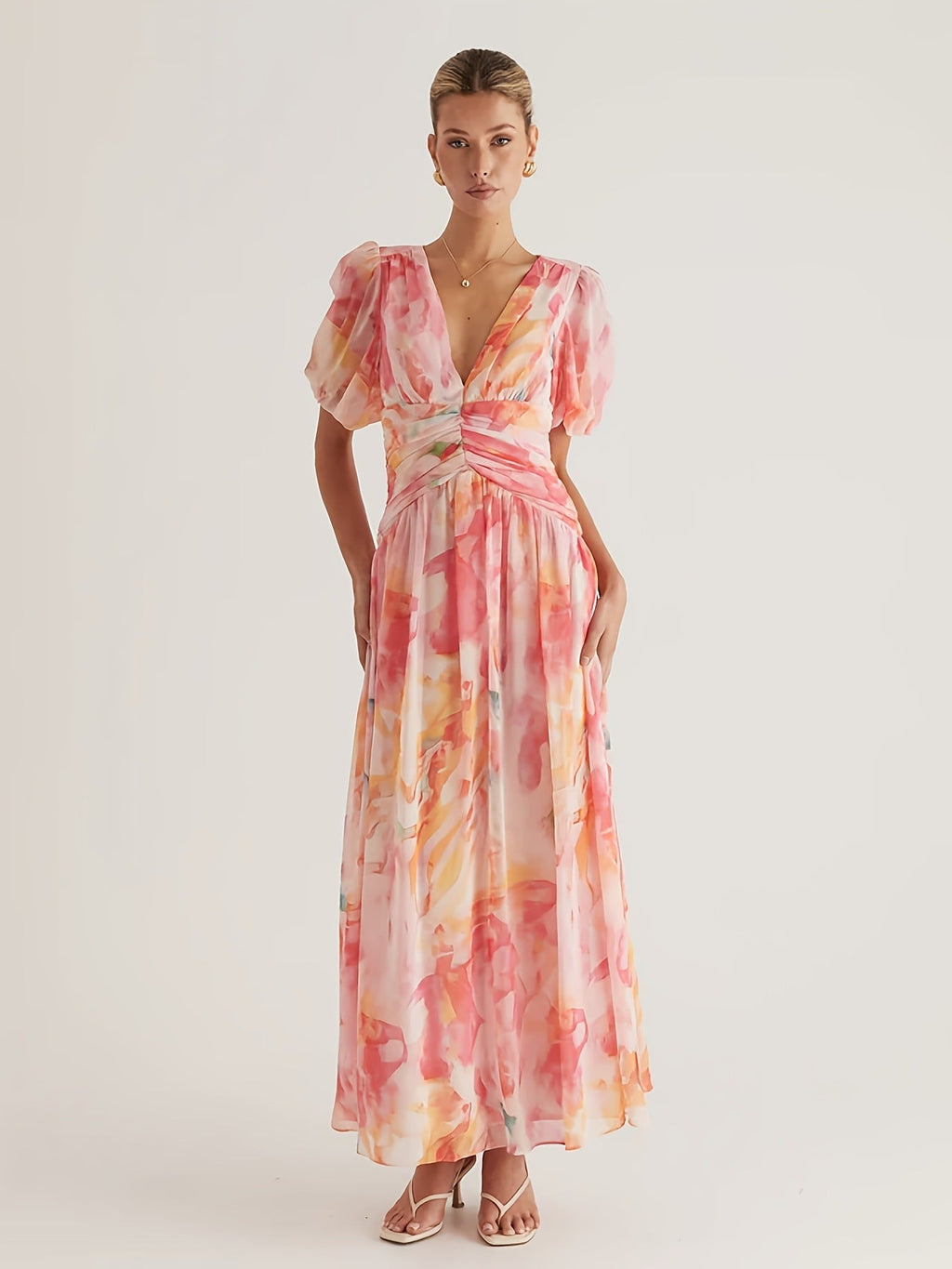 Damen Hochzeitsgast Wickel Maxikleid mit Puffärmeln