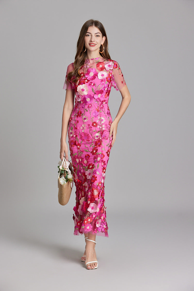 Damenkleid Maxi | 3D-Blüten-Optik & definierte Silhouette