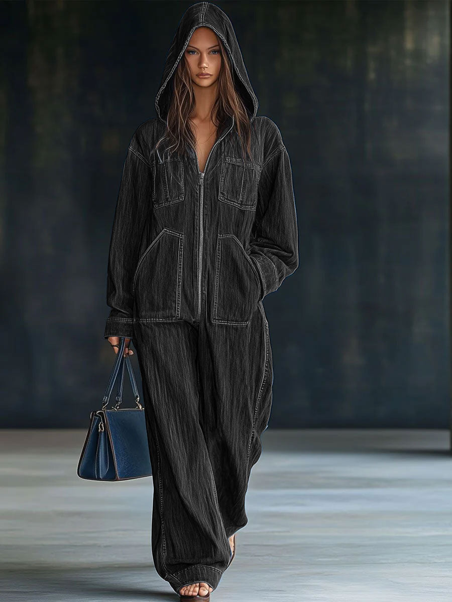 Denim Jumpsuit Damen | Kapuze & Reißverschluss für lässigen Komfort