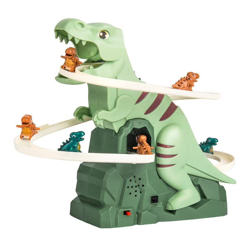 Dinosaurier-Rennbahn-Spielset – Interaktive Rennstrecke mit LED-Beleuchtung und automatischen Kletterwagen für Kinder