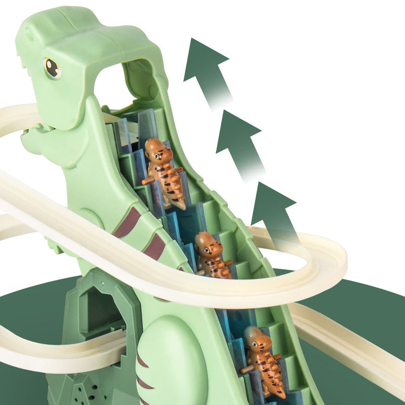 Dinosaurier-Rennbahn-Spielset – Interaktive Rennstrecke mit LED-Beleuchtung und automatischen Kletterwagen für Kinder