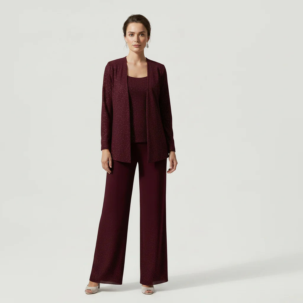 Dreiteiliger Hosenanzug für Damen als Hochzeitsgast mit weiter Hose und Pailletten Spitze