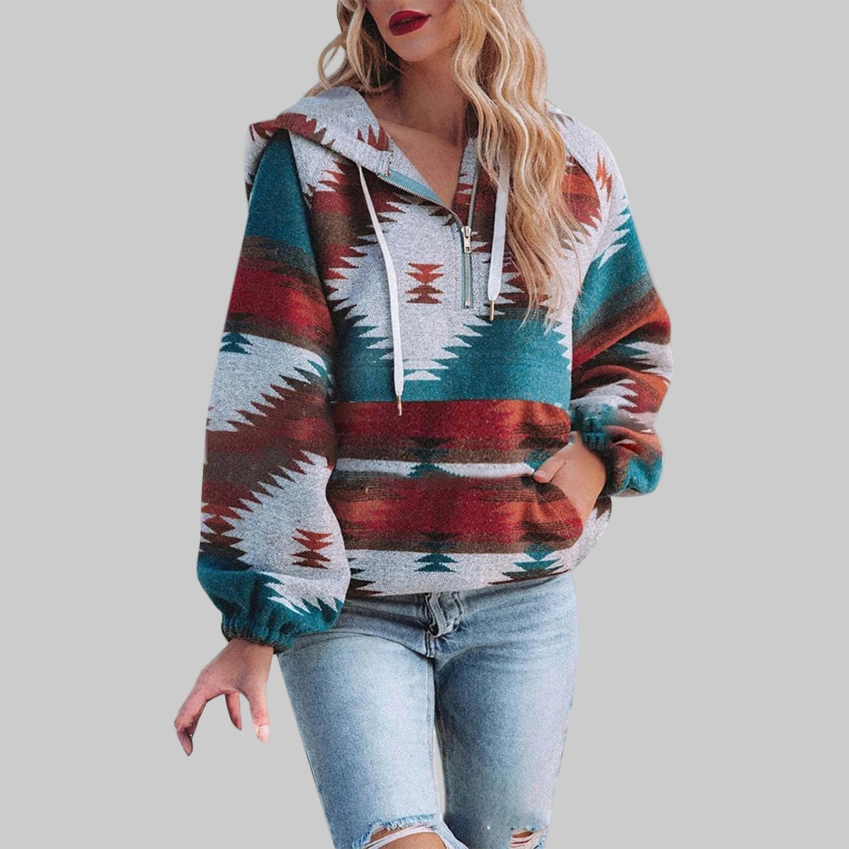 Kapuzenpullover Damen | Ethno-Muster & Half-Zip-Kragen