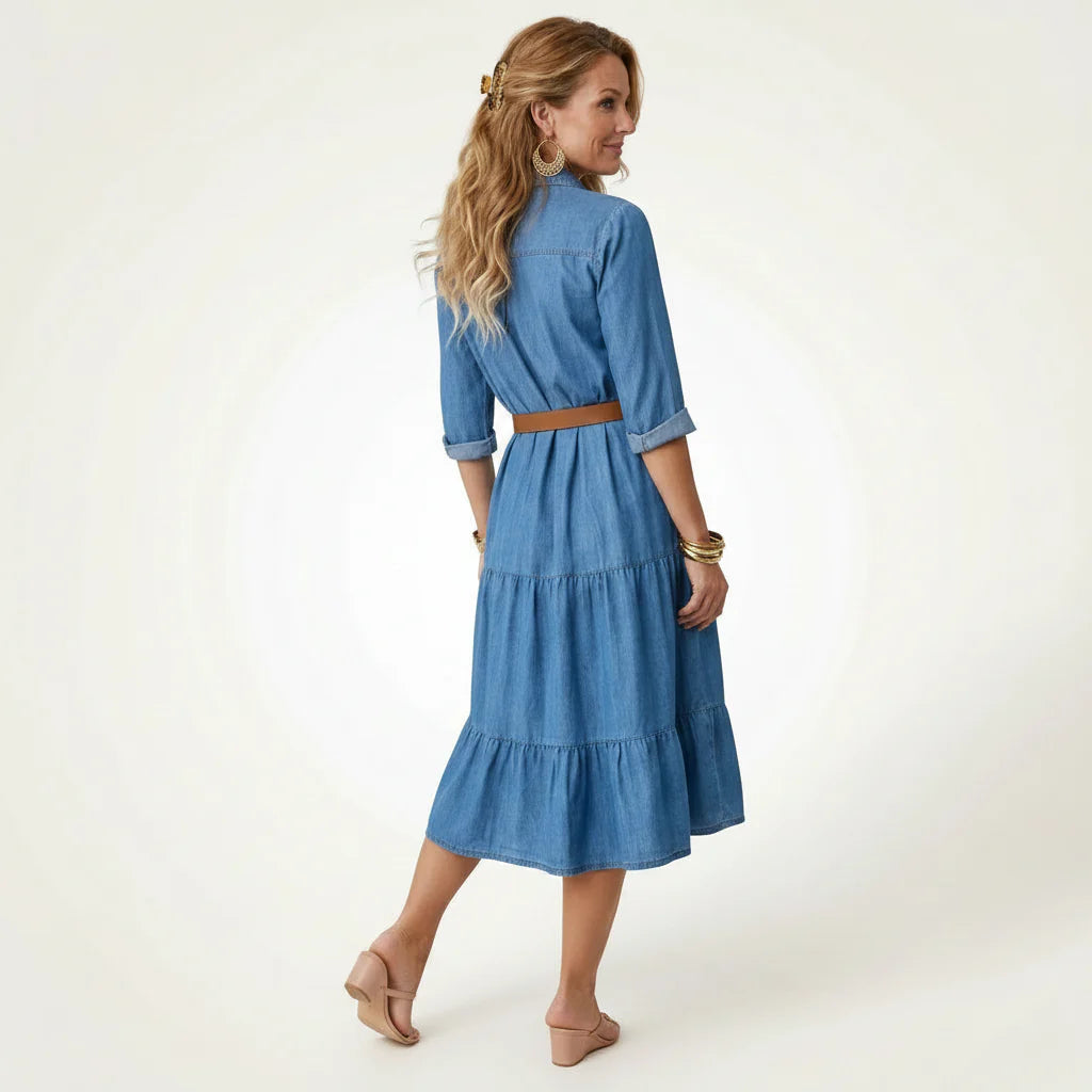 Hemdblusenkleid aus Denim in A-Linie mit Gürtel