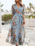 Damen Lässig Blumig Bindegürtel Maxikleid