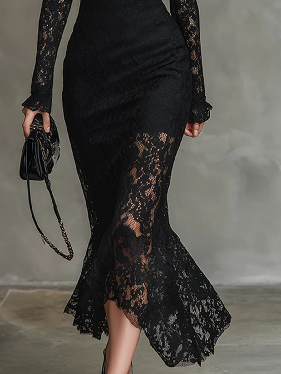 Monika | Schwarzes Spitzen-Maxikleid