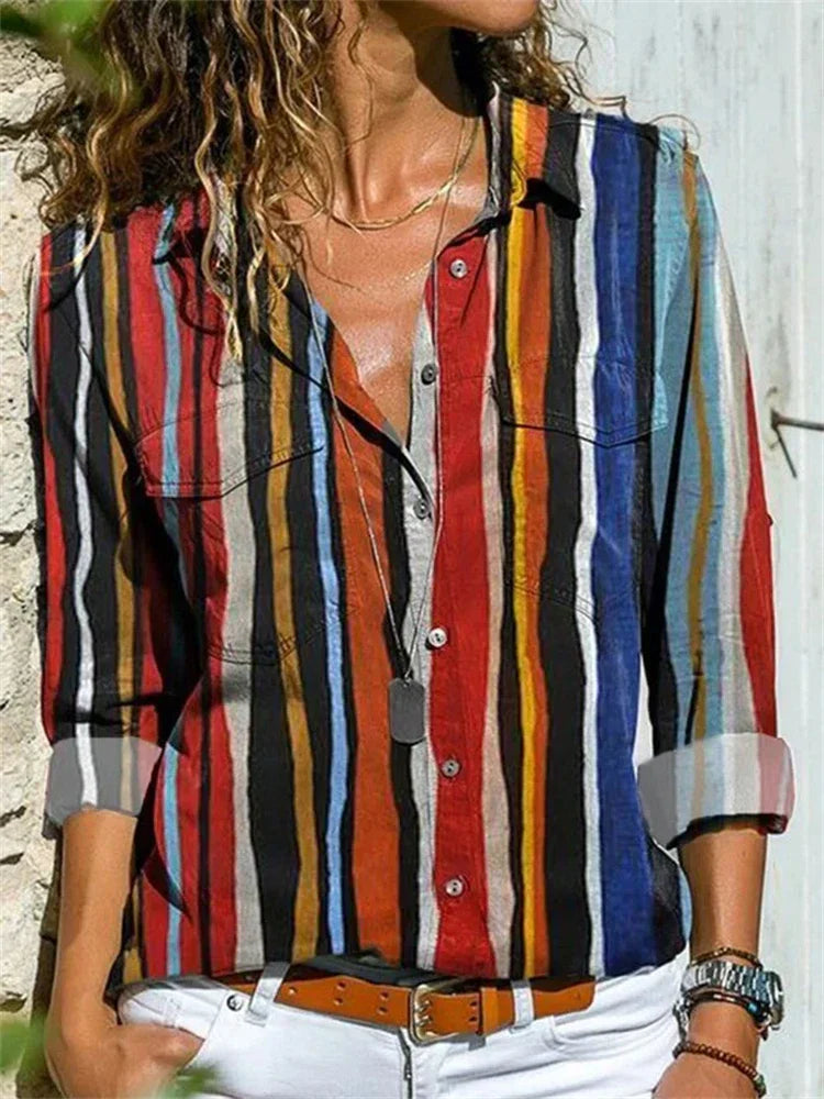Celine | Damen Bluse Langarm Aquarell Blumenprint Hemdbluse