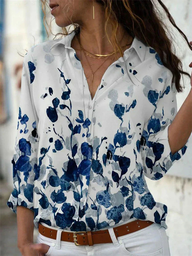 Celine | Damen Bluse Langarm Aquarell Blumenprint Hemdbluse