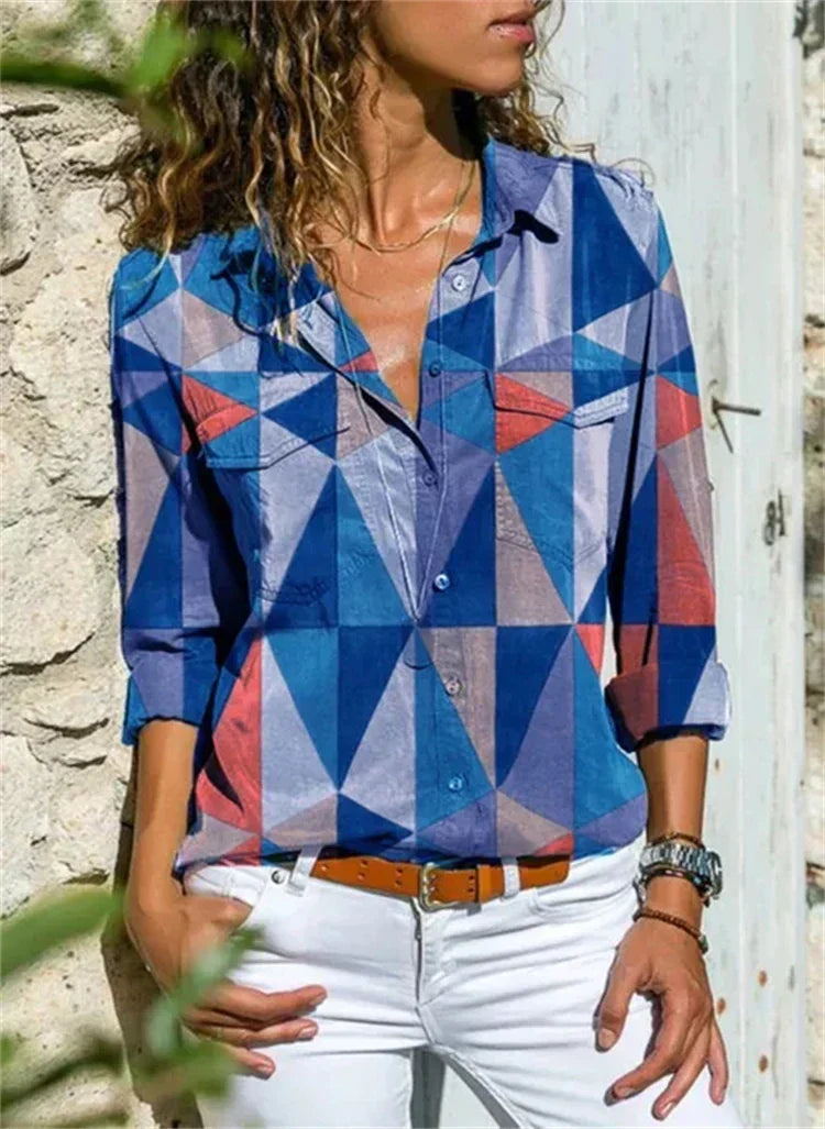 Celine | Damen Bluse Langarm Aquarell Blumenprint Hemdbluse