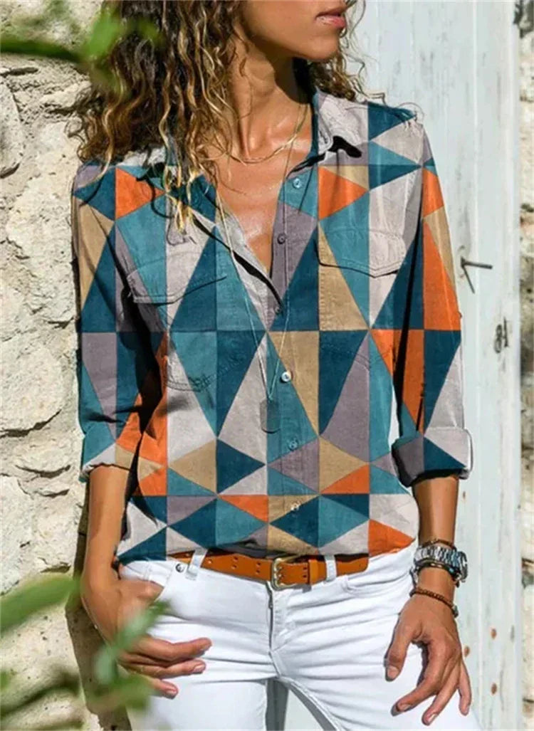 Celine | Damen Bluse Langarm Aquarell Blumenprint Hemdbluse