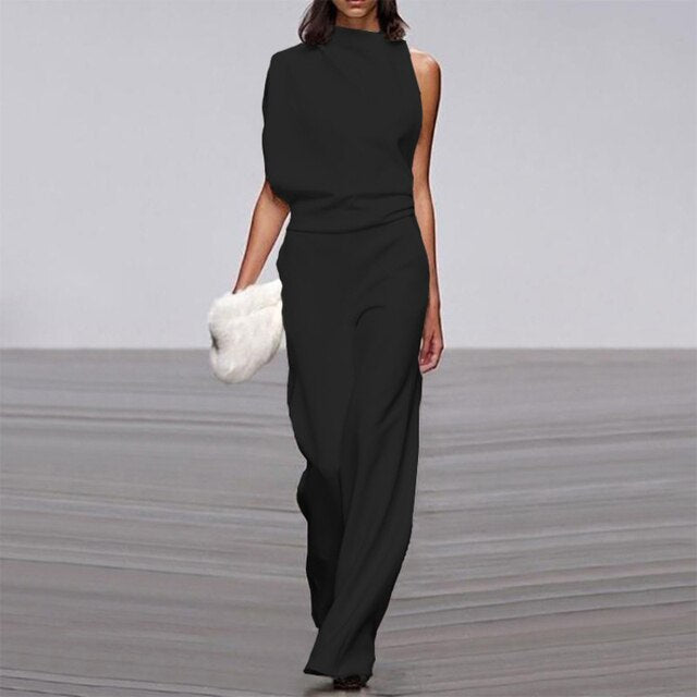Mona | Damen Jumpsuit Ärmellos Stehkragen Weites Bein Elegant