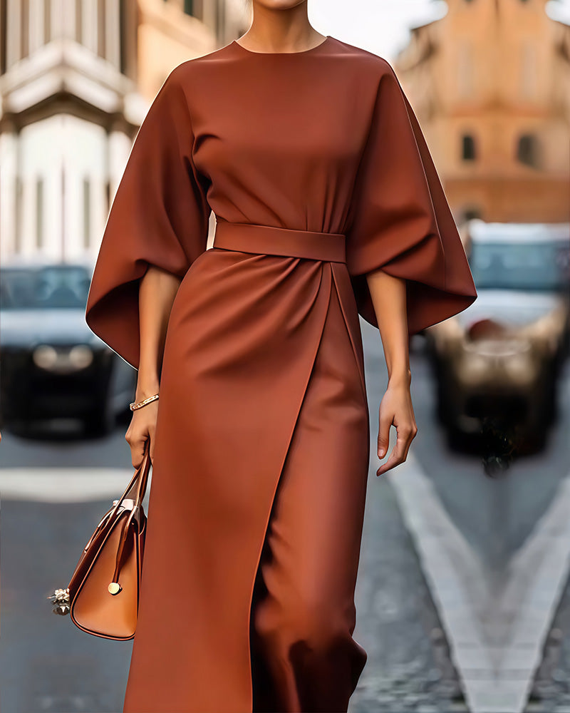 Eva | Damen Midikleid Fledermausärmel Taillengürtel – Wickeldetail Sommerkleid 2026