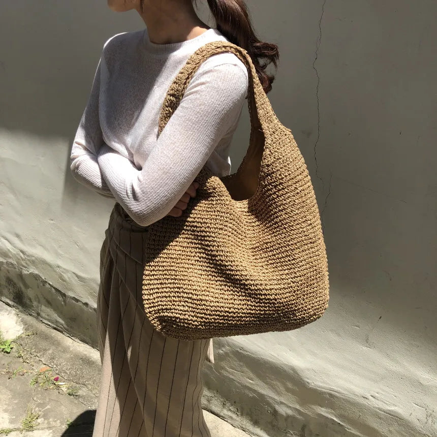 Elegante Strandtasche aus Stroh für Damen, großes Fassungsvermögen, Korbgeflecht