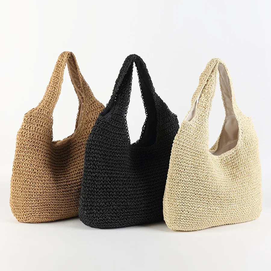 Elegante Strandtasche aus Stroh für Damen, großes Fassungsvermögen, Korbgeflecht