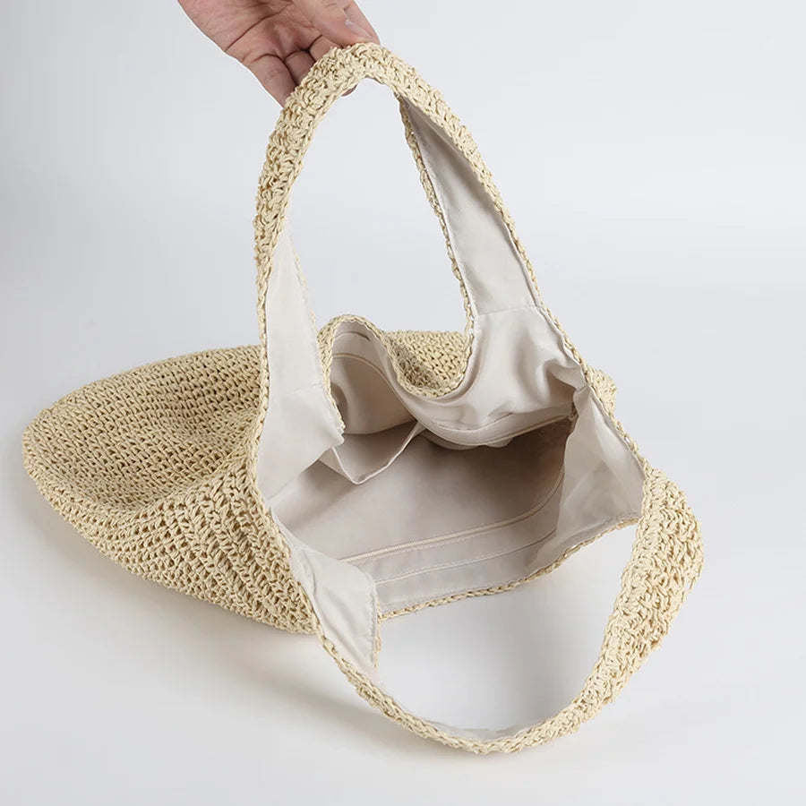 Elegante Strandtasche aus Stroh für Damen, großes Fassungsvermögen, Korbgeflecht
