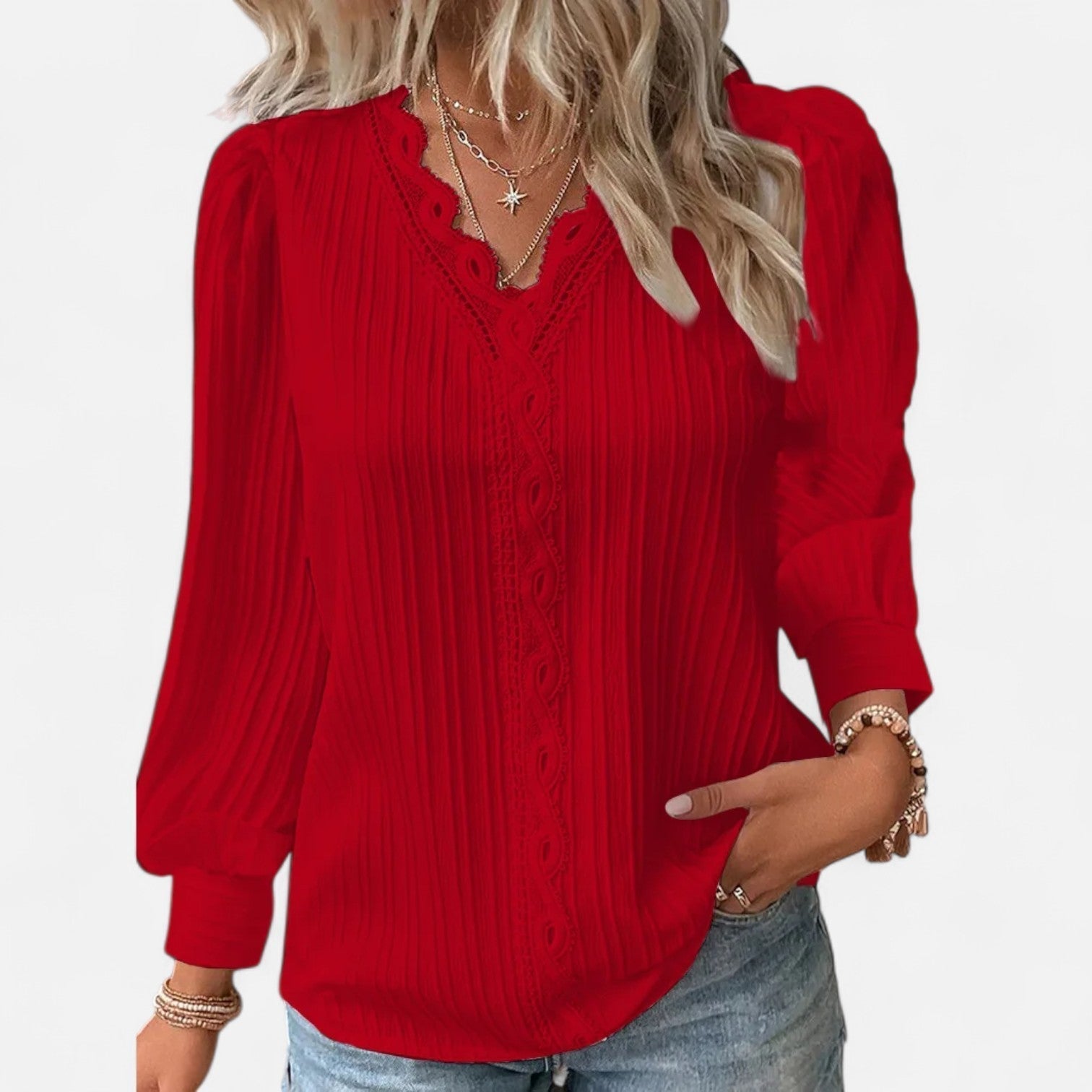Bluse Damen | Elegant mit Spitzenbesatz & V-Ausschnitt Langarm