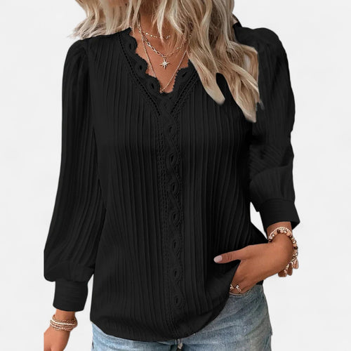 Bluse Damen | Elegant mit Spitzenbesatz & V-Ausschnitt Langarm