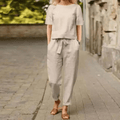 Elegantes Set Damen | Kurzarm-Top & Hose mit Bindegürtel