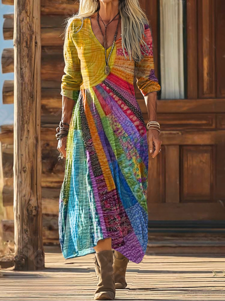 Elegantes Boho-Kleid Damen Sommerkleid mit V-Ausschnitt und langen Ärmeln für jeden Anlass