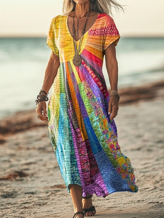 Elegantes Boho-Kleid Damen Sommerkleid mit V-Ausschnitt und langen Ärmeln für jeden Anlass