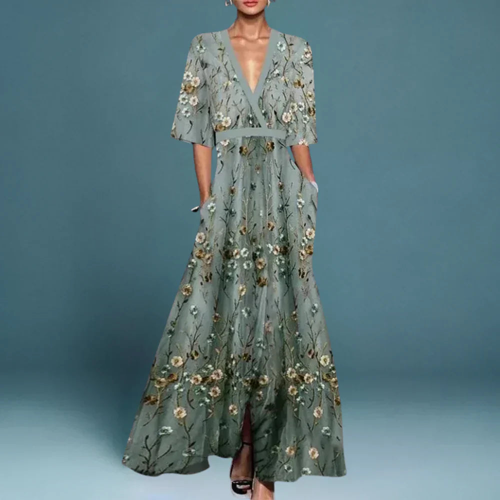 Elegantes Maxikleid Mit Blumenmuster – Sommer Kleider Lang Für Gartenpartys Und Events