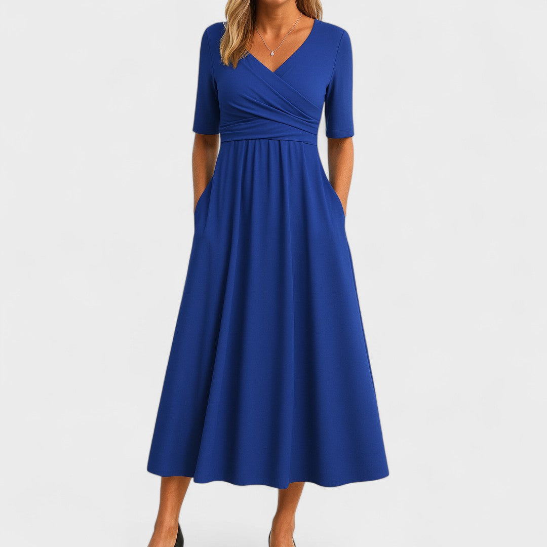 Elegantes Midikleid für Frauen - V-Ausschnitt, Ellbogenlange Ärmel, Praktische Taschen