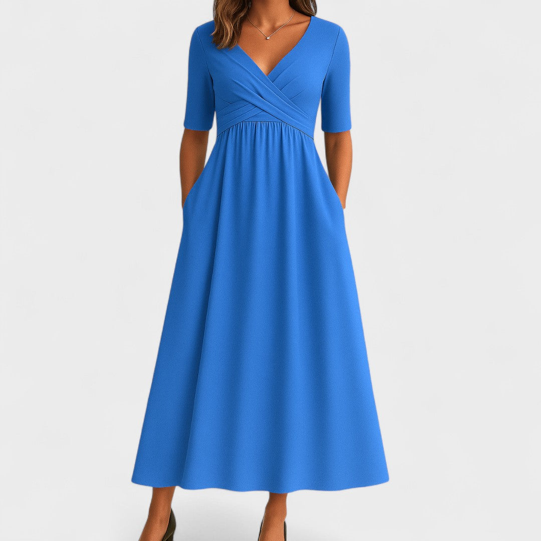 Elegantes Midikleid für Frauen - V-Ausschnitt, Ellbogenlange Ärmel, Praktische Taschen