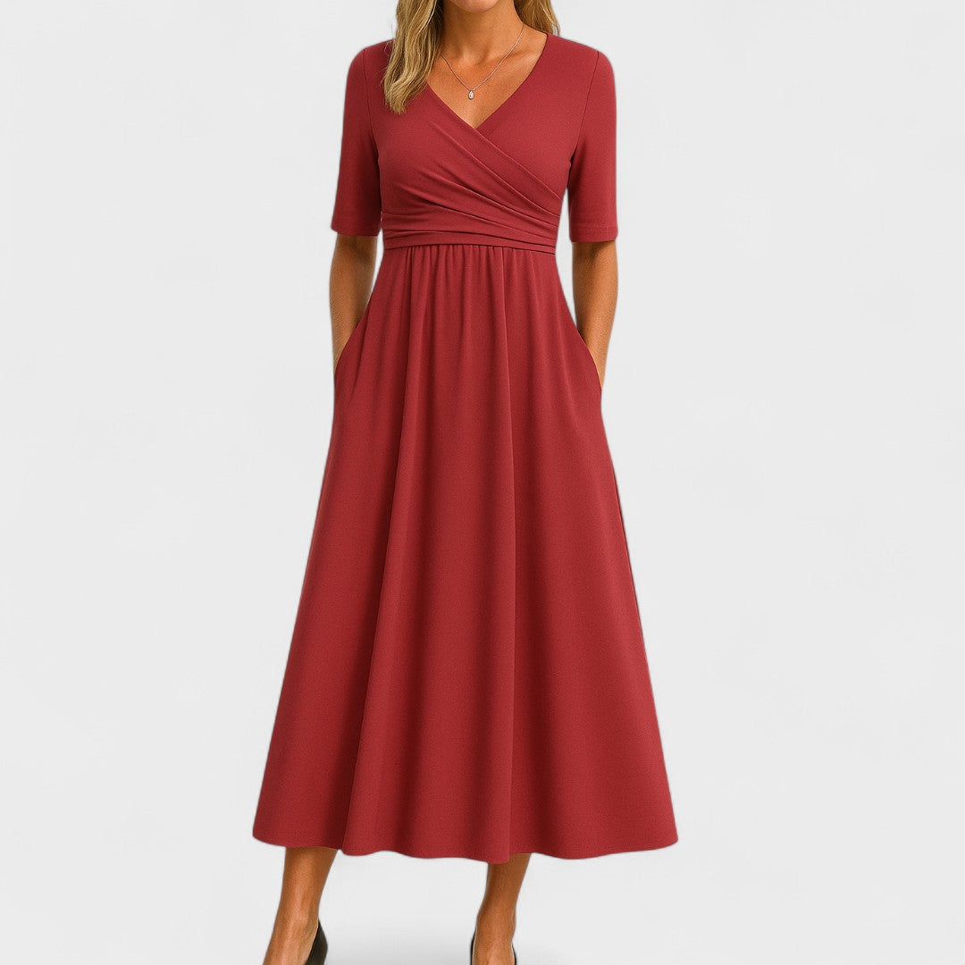 Elegantes Midikleid für Frauen - V-Ausschnitt, Ellbogenlange Ärmel, Praktische Taschen