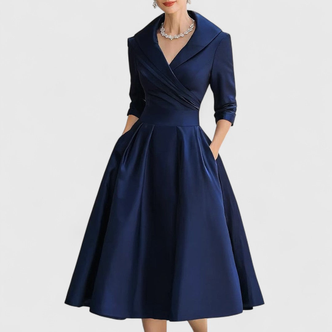 Elegantes Midikleid für Frauen – Femininer V-Ausschnitt, 3/4-Ärmel, zeitloser Stil
