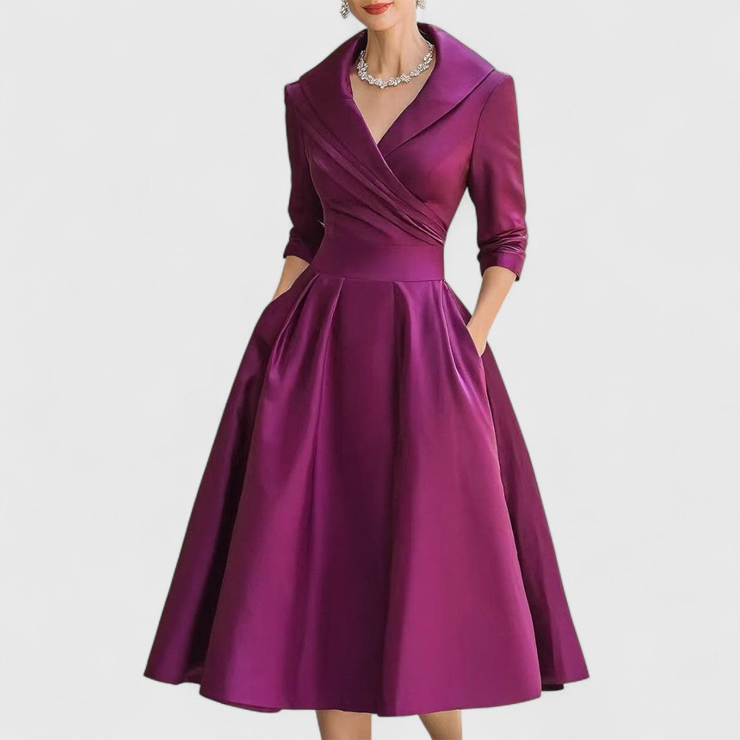 Elegantes Midikleid für Frauen – Femininer V-Ausschnitt, 3/4-Ärmel, zeitloser Stil