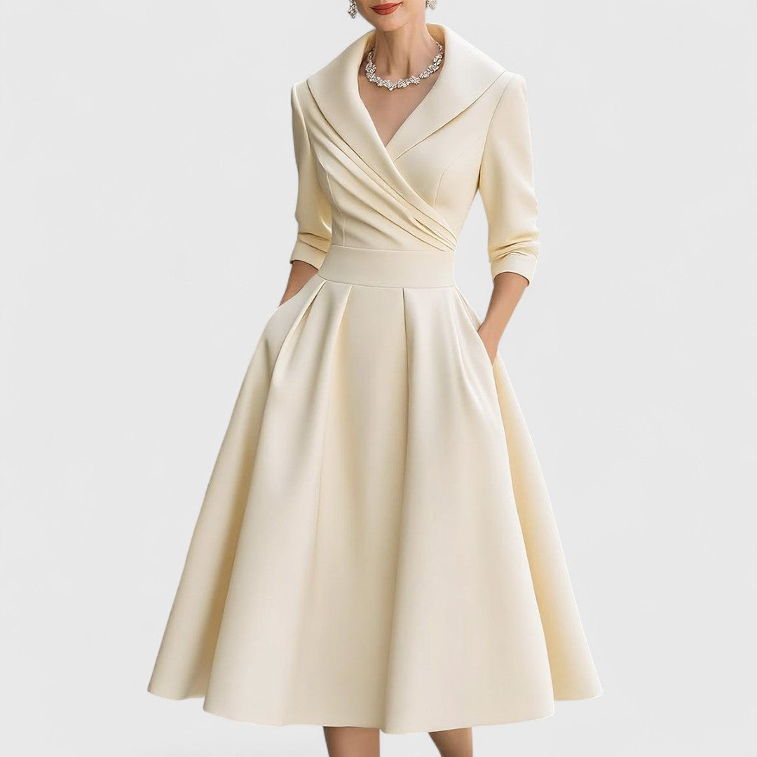 Elegantes Midikleid für Frauen – Femininer V-Ausschnitt, 3/4-Ärmel, zeitloser Stil