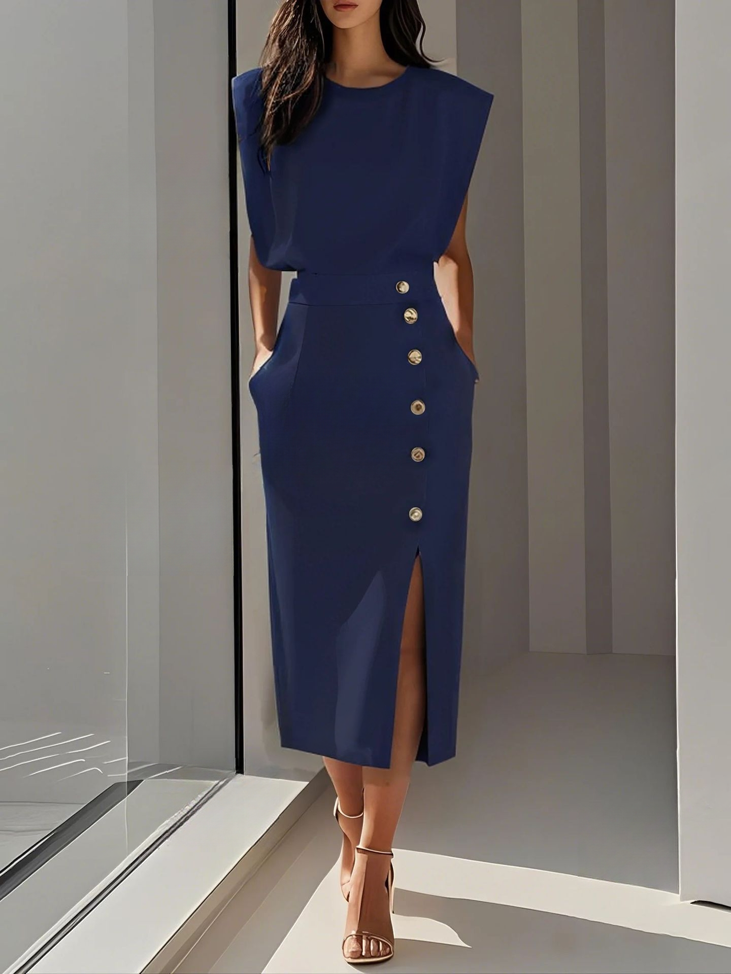 Elegantes Midikleid mit Rundhalsausschnitt und Schlitz für jeden Anlass
