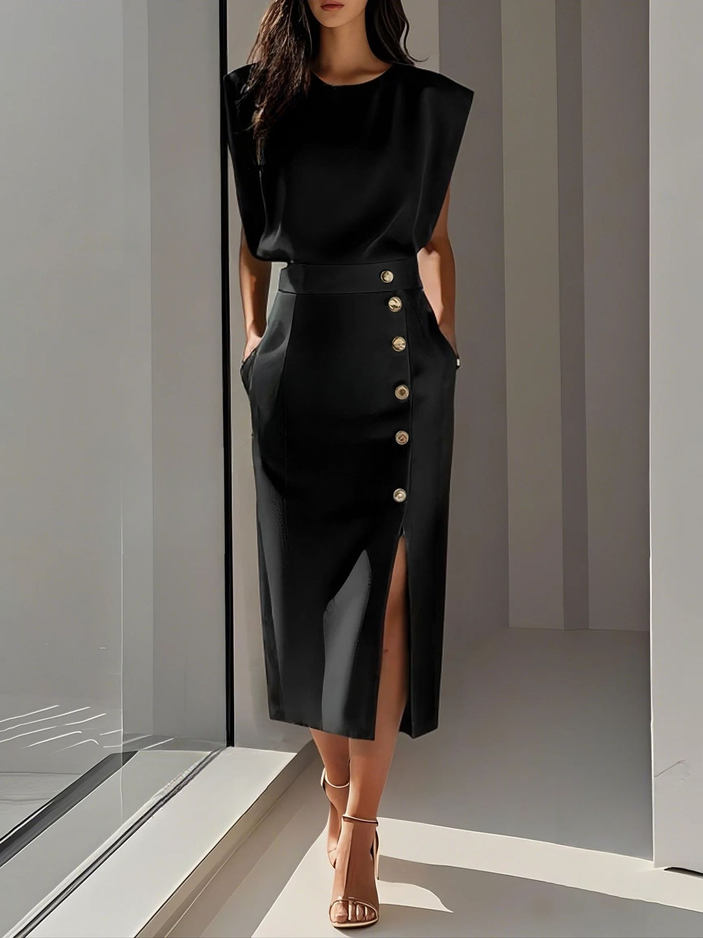 Elegantes Midikleid mit Rundhalsausschnitt und Schlitz für jeden Anlass