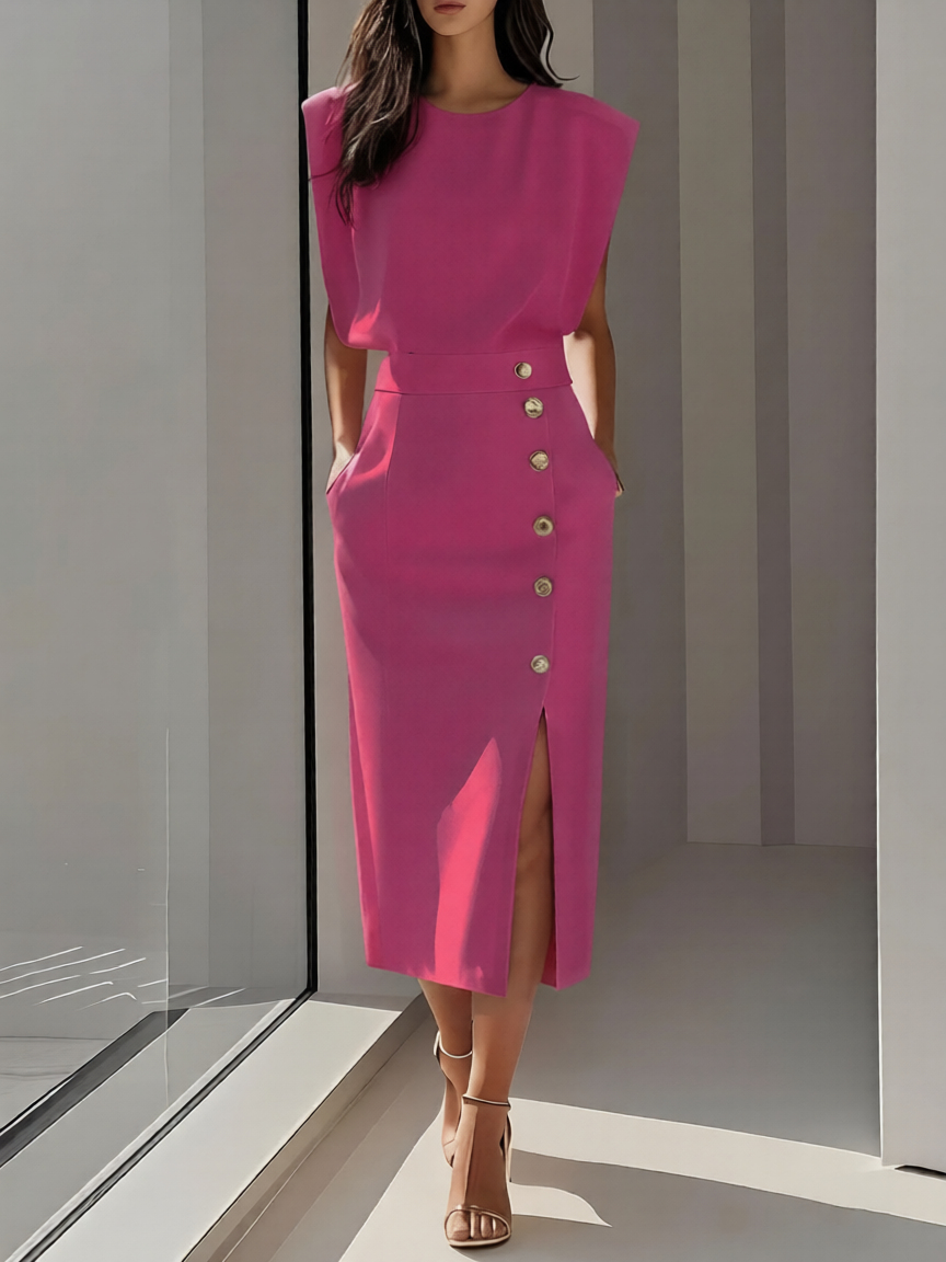 Elegantes Midikleid mit Rundhalsausschnitt und Schlitz für jeden Anlass