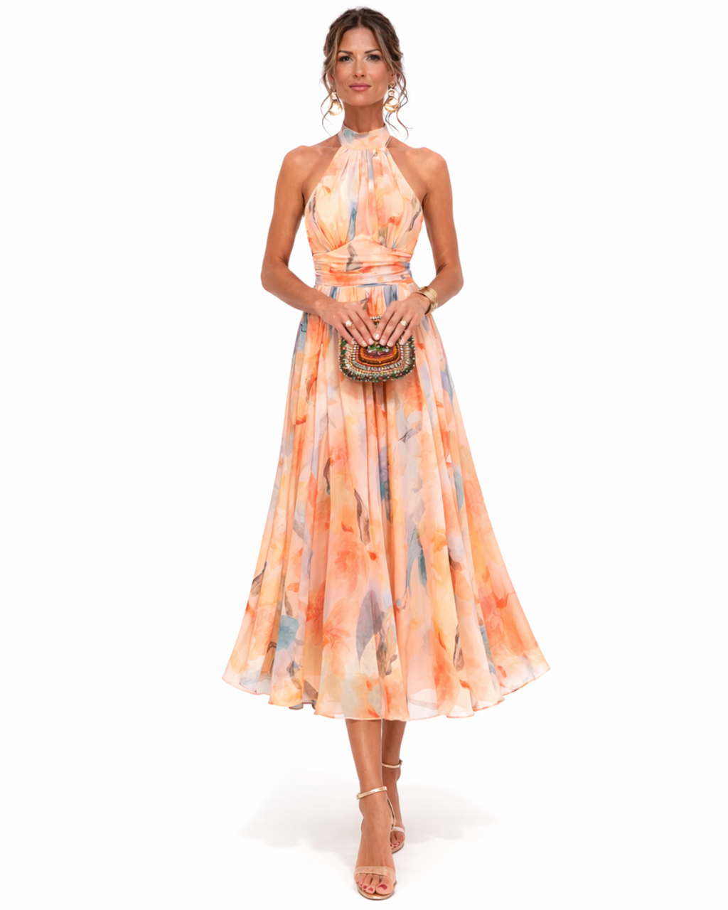 Elegantes Neckholder-Maxikleid im Aquarellmuster für den Sommer | Lange Kleider für Damen | Sommermaxikleider