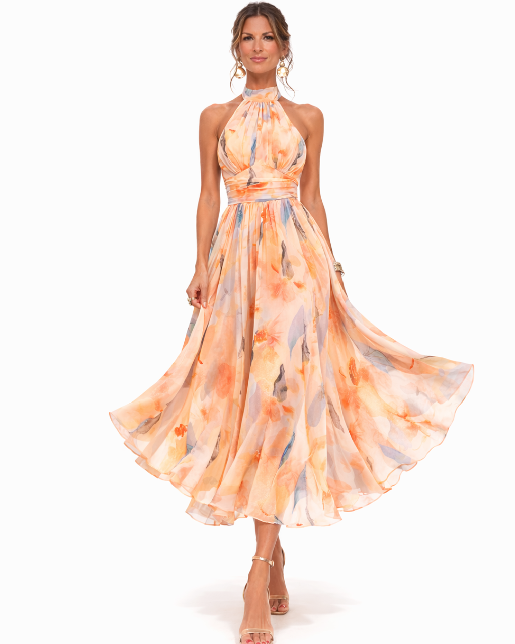 Elegantes Neckholder-Maxikleid im Aquarellmuster für den Sommer | Lange Kleider für Damen | Sommermaxikleider