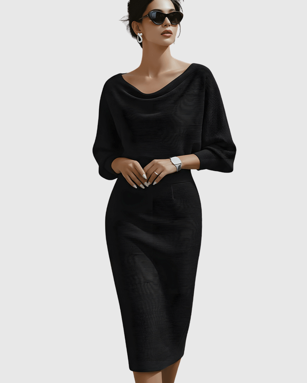 Elegantes drapiertes Midikleid mit Fledermausärmeln für Frauen