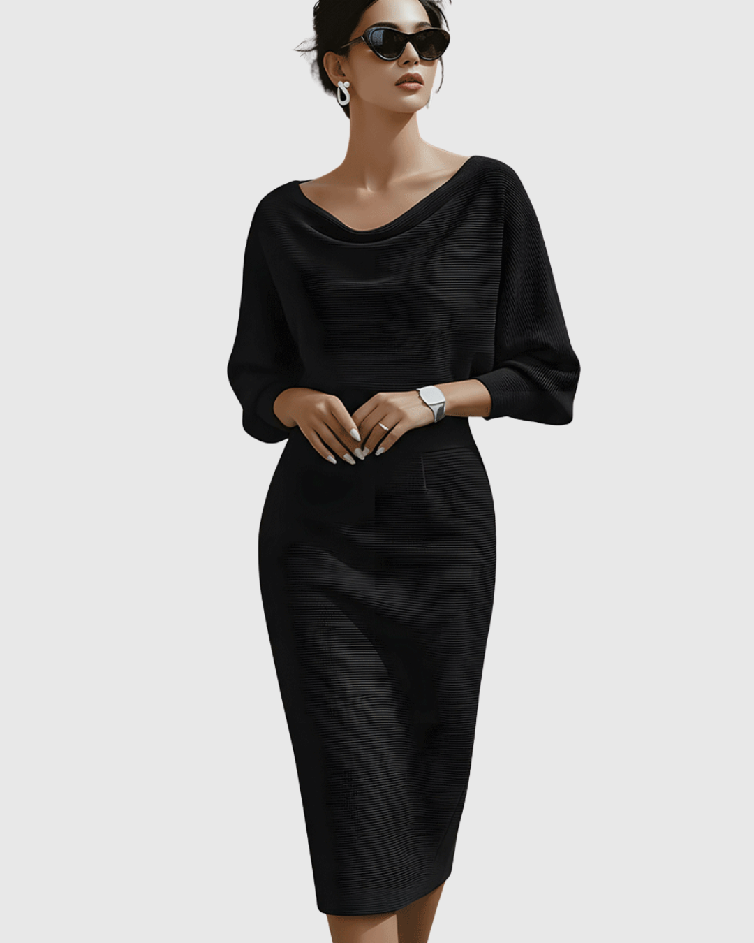 Elegantes drapiertes Midikleid mit Fledermausärmeln für Frauen
