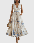 Elegantes plissiertes Maxikleid für Frauen – Sommerkleid mit V-Ausschnitt und langen Ärmeln